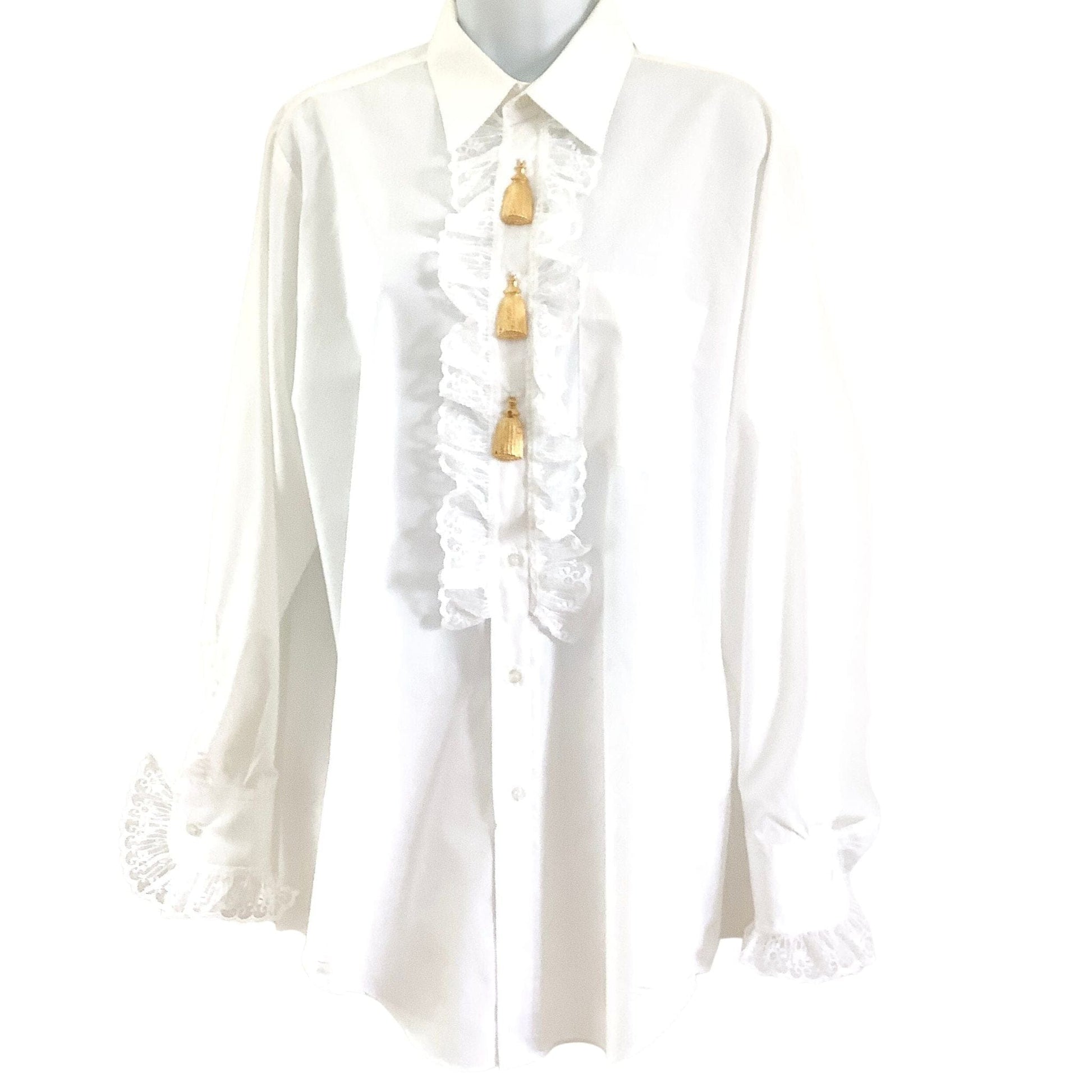 1980s Baroque White Ruffle Blouse with Gold Tassel Details