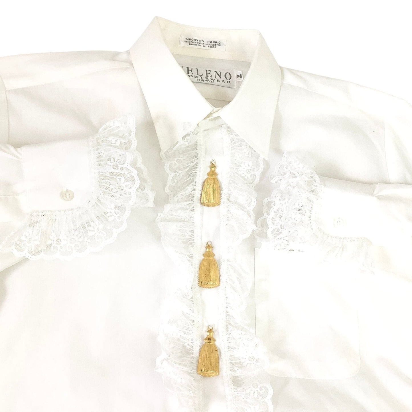 1980s Baroque White Ruffle Blouse with Gold Tassel Details