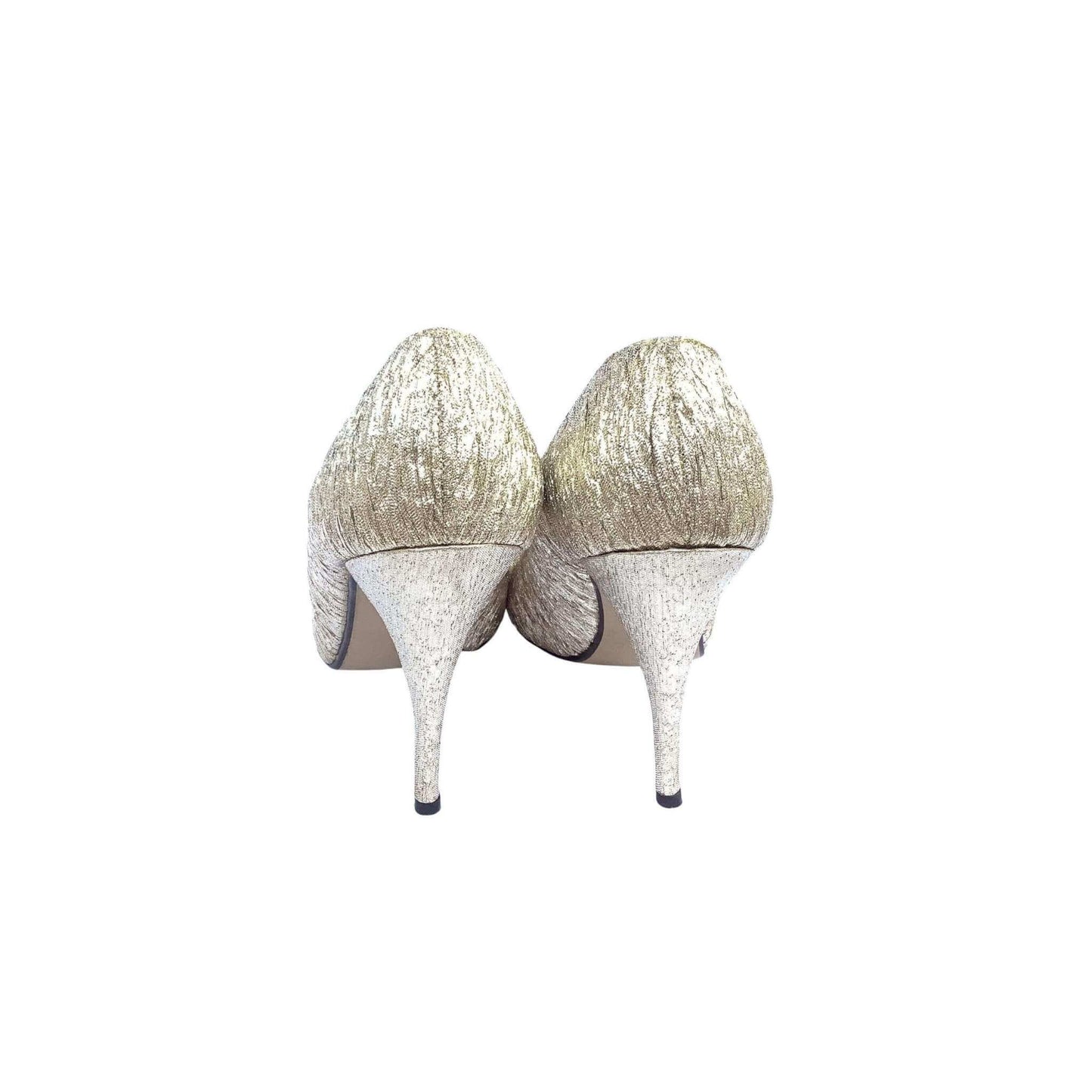 Pair of Wild Nights gold high-heeled pump shoes back view on a white background