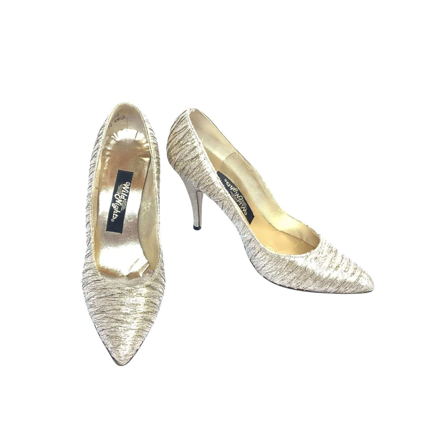 Wild Nights gold high-heeled shoes front-view on a white background