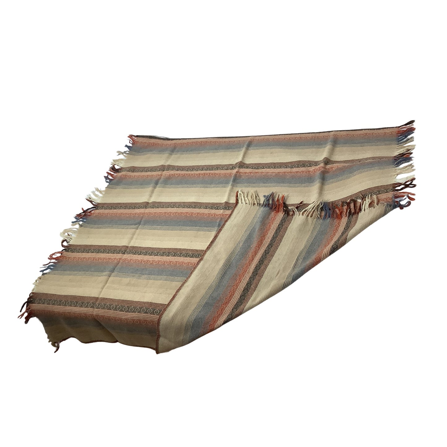 A striped woven blanket with fringed edges, featuring horizontal bands of beige, brown, muted blue, and terracotta red on a white background.