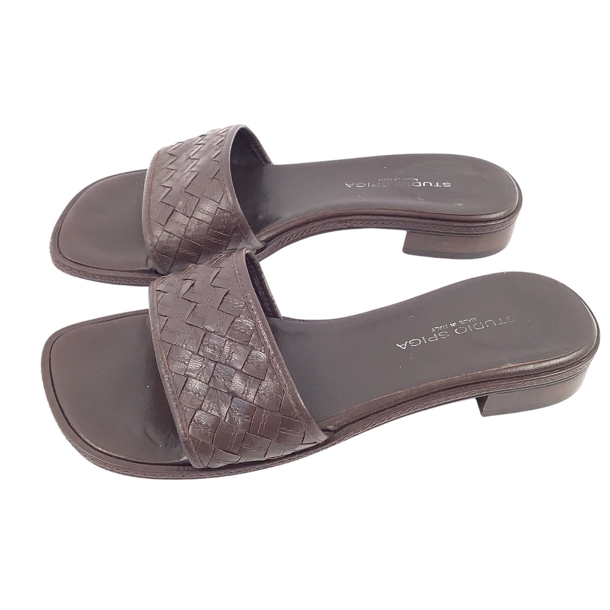 Woven Brown Leather Slides