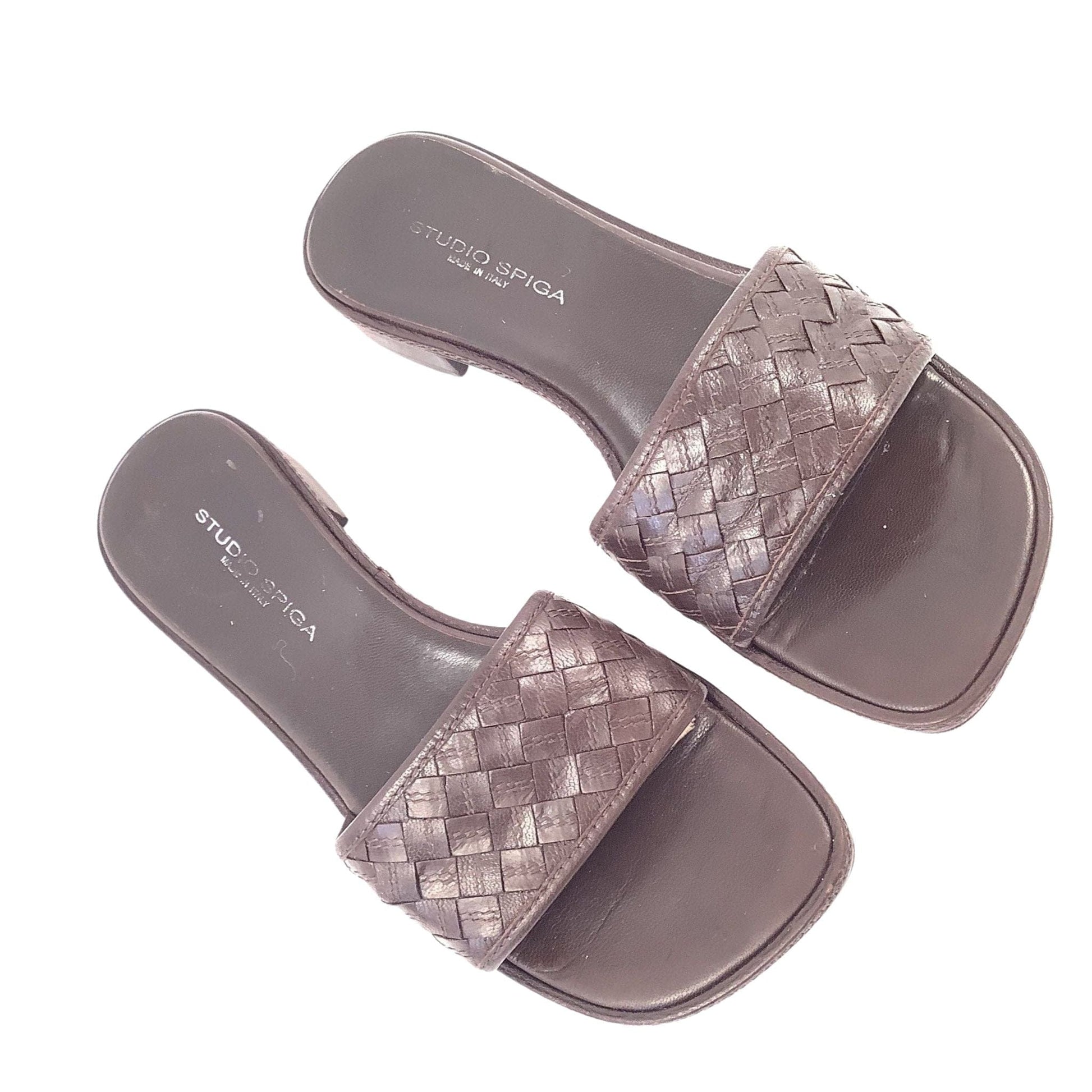 Woven Brown Leather Slides
