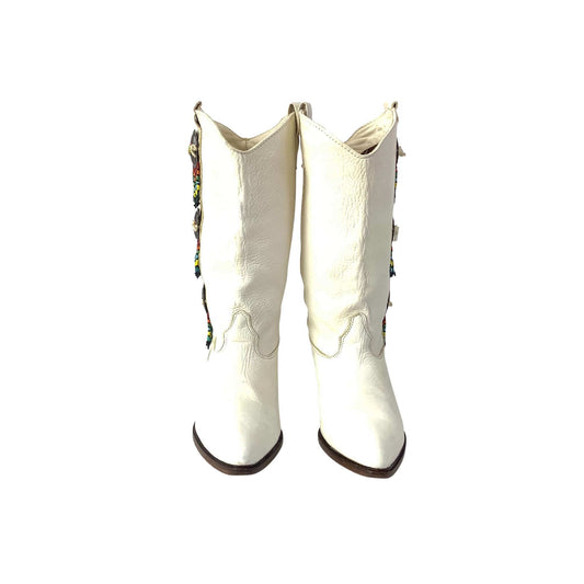 Zodiac beaded white cowboy boots top front view